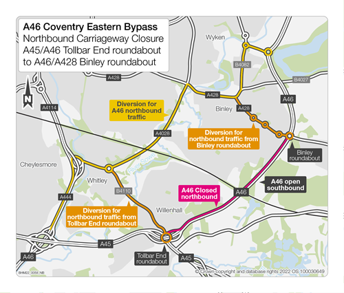 Map of northbound A46 closure