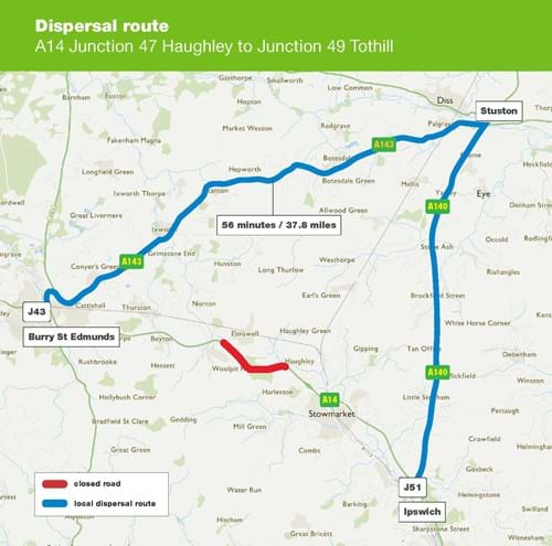 Dispersal route - A14 Junction 47 Haughley to Junction 49 Tothill