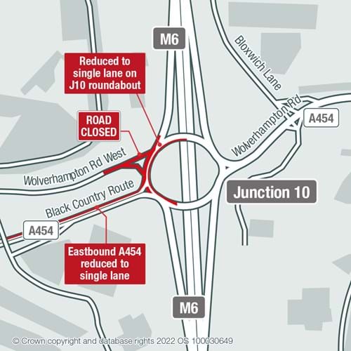 M6 J10 road closure map for Friday 8 to Sunday 10 July