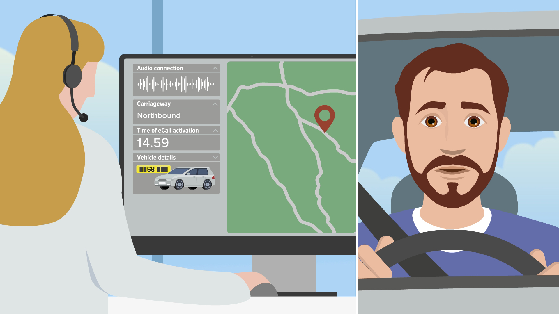 Illustration divided into two parts showing a 999 operator in front of her computer screen and a front view of a man in his car with hands on the steering wheel