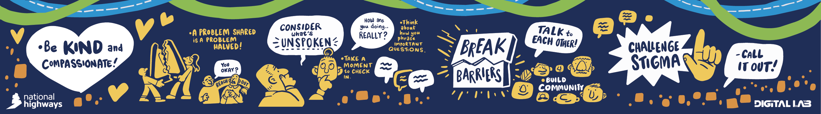 Illustrated National Highways banner promoting kindness, checking in, talking to each other, breaking barriers and challenging stigma.