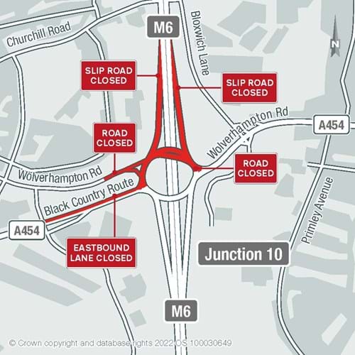 M6 Junction 10 - map of closures from Monday 4 July