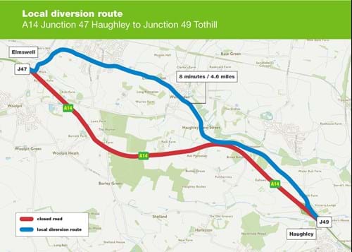 Local diversion route - A14 junction 47 Haughley to Junction 49 Tothill