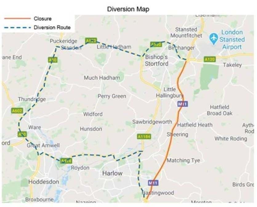 M11 J7-8 diversion route map