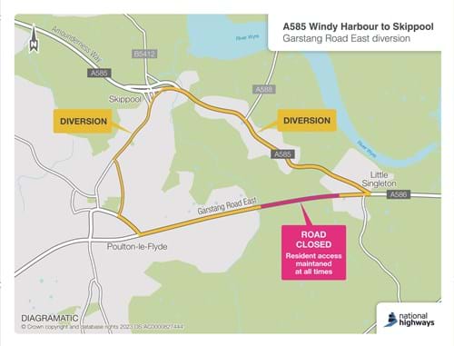 Schematic map of the Garstang Road closure and diversion route