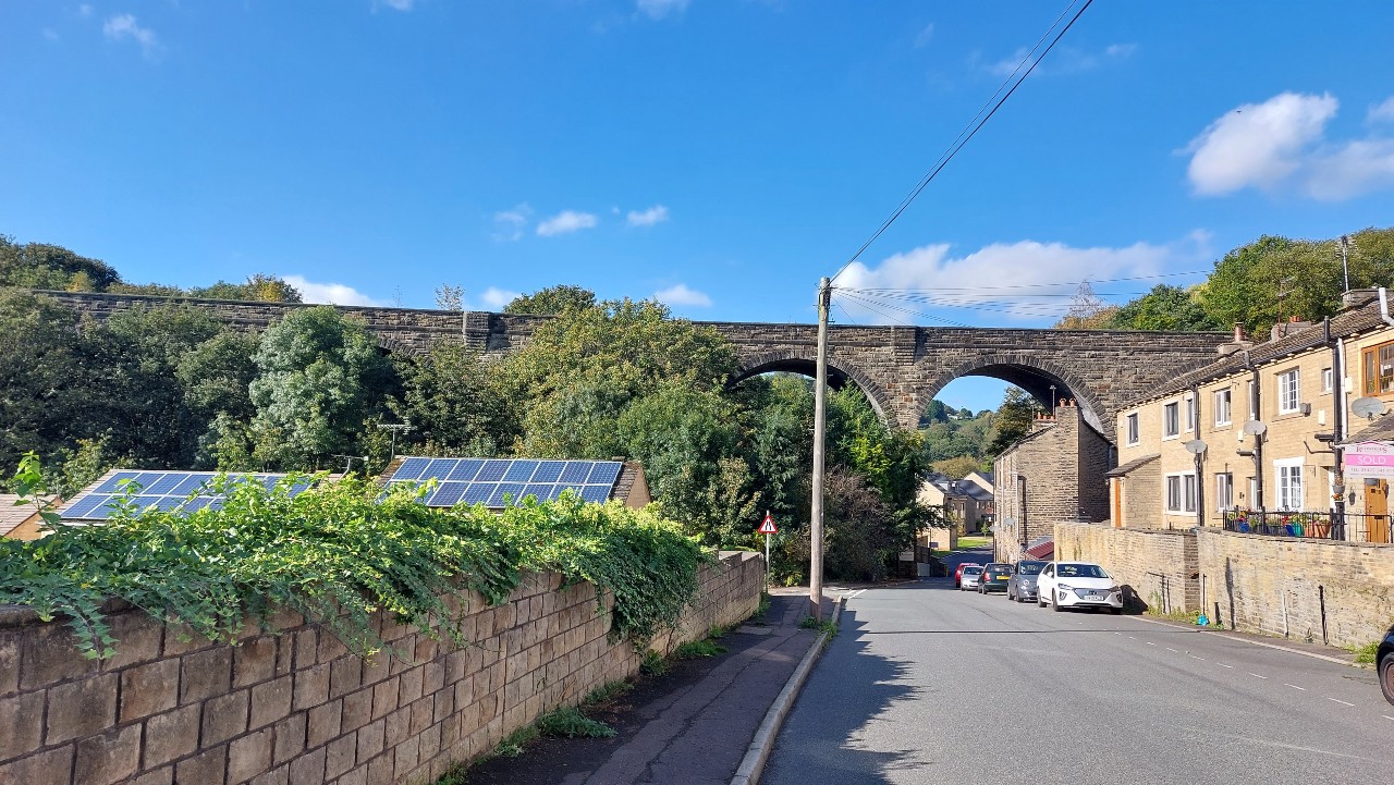 Wheatley Viaduct from ground level in October 2023